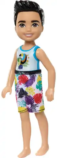 Walmart Barbie Chelsea Small Doll with Beach Swimsuit, Toucan & Tropical Leaf Print, Black Hair & Brown Eyes offer