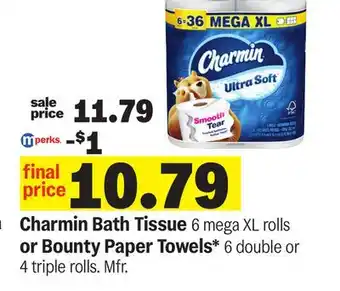 Meijer Charmin Bath Tissue 6 mega XL rolls or Bounty Paper Towels* 6 double or 4 triple rolls offer