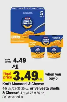 Meijer Kraft Macaroni & Cheese 4-5 pk./22-36.25 oz. or Velveeta Shells & Cheese* 4 ct./8.76-9.56 oz offer