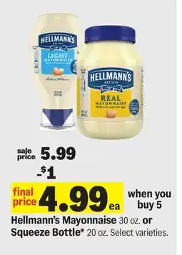 Meijer Hellmann's Mayonnaise 30 oz. or Squeeze Bottle* 20 oz offer