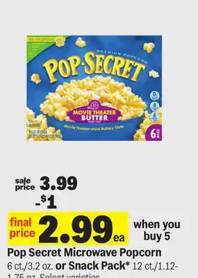 Meijer Pop Secret Microwave Popcorn 6 ct./3.2 oz. or Snack Pack* 12 ct./1.12-1.75 oz offer