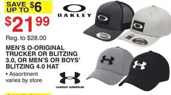 Dunham's Sports OAKLEY, UNDER ARMOUR MEN'S O-ORIGINAL TRUCKER OR BLITZING 3.0, OR MEN'S OR BOYS' BLITZING 4.0 HAT offer