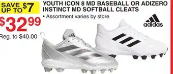 Dunham's Sports ADIDAS YOUTH ICON 8 MD BASEBALL OR ADIZERO INSTINCT MD SOFTBALL CLEATS offer