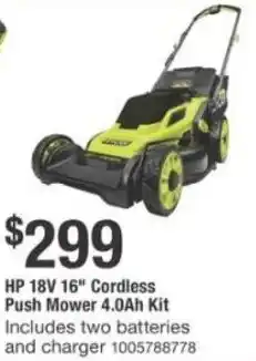 The Home Depot Ryobi HP 18V 16" Cordless Push Mower 4.0Ah Kit offer