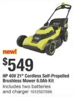 The Home Depot Ryobi HP 40V 21" Cordless Self-Propelled Brushless Mower 6.0Ah Kit offer