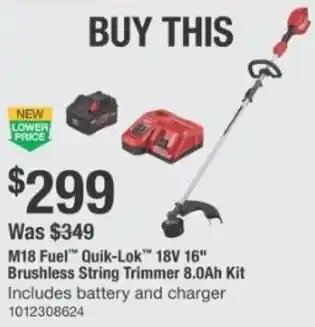 The Home Depot Milwaukee M18 Fuel Quik-Lok™ 18V 16" Brushless String Trimmer 8.0Ah Kit offer