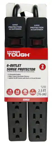 Walmart Hyper Tough 2 Pack 6-Outlet Surge Protector with 2.5 ft Cords 500-Joule, Black offer