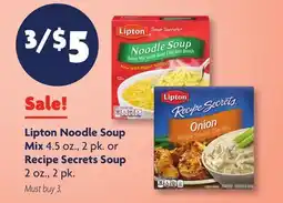 Family Dollar Lipton Noodle Soup Mix 4.5 oz., 2 pk. or Recipe Secrets Soup 2 oz., 2 pk offer