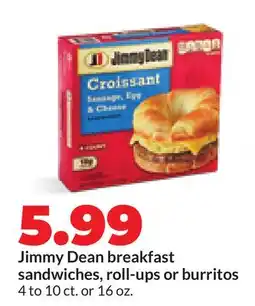 Hy-Vee Jimmy Dean breakfast sandwiches, roll-ups or burritos offer