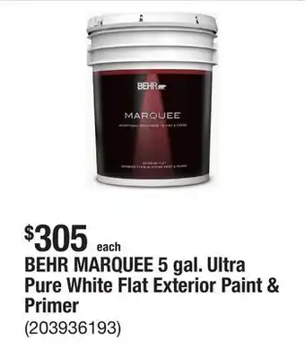 The Home Depot BEHR MARQUEE 5 gal. Ultra Pure White Flat Exterior Paint & Primer offer