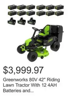 Costco Greenworks 80V 42 Riding Lawn Tractor With 12 4AH Batteries and Bagger Attachment offer