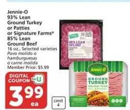 Vons Jennie-O 93% Lean Ground Turkey or Patties or Signature Farms 85% Lean Ground Beef offer