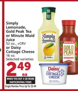 Vons Simply Lemonade, Gold Peak Tea or Minute Maid Juice 52 oz., or Daisy Cottage Cheese 16 oz offer