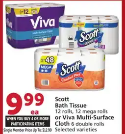 Vons Scott Bath Tissue 12 rolls, 12 mega rolls or Viva Multi-Surface Cloth 6 double rolls offer