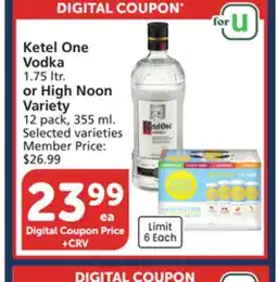 Vons Ketel One Vodka 1.75 ltr. or High Noon Variety 12 pack, 355 ml offer