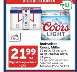 Vons Budweiser, Coors, Miller 30 pack, 12 oz. cans or Michelob Ultra 24 pack, 12 oz. bottles or cans offer