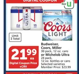 Albertsons Budweiser, Coors, Miller 30 pack, 12 oz. cans or Michelob Ultra 24 pack, 12 oz. bottles or cans offer