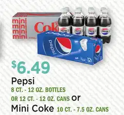 Heinen's Pepsi 8 CT.-12 OZ. BOTTLES OR 12 CT.-12 OZ. CANS or Mini Coke 10 CT.-7.5 OZ. CANS offer