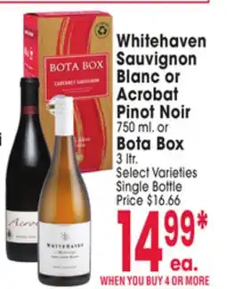 Jewel-Osco Whitehaven Sauvignon Blanc or Acrobat Pinot Noir 750 ml. or Bota Box 3 ltr offer