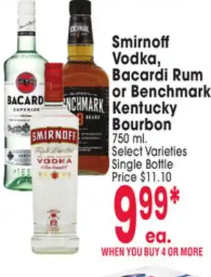 Jewel-Osco Smirnoff Vodka, Bacardi Rum or Benchmark Kentucky Bourbon offer