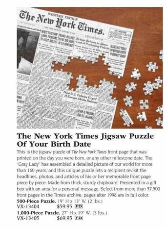Hammacher Schlemmer The New York Times Jigsaw Puzzle Of Your Birth Date offer