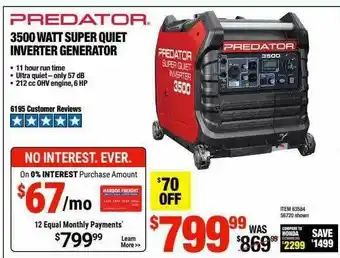 Harbor Freight Tools Predator 3500 Watt Super Quiet Inverter Generator offer