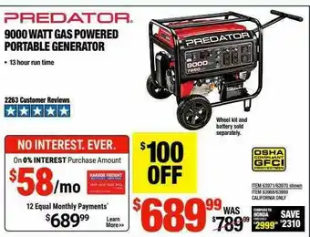 Harbor Freight Tools Predator 9000 Watt Gas Powered Portable Generator offer