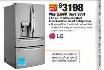 The Home Depot 29.5 Cu. Ft. Stainless Steel French 4-door Smart Refrigerator Lg offer