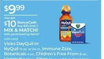 Rite Aid Mix & Match! Vicks Dayquil Or Nyquil Immune Zzzs Botanicals Children's Free From offer