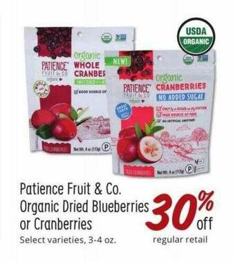 Sprouts Farmers Market Patience Fruit & Co. Organic Dried Blueberries Or Cranberries offer