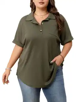 Walmart Cuteduck Womens Plus Size Casual Henley Waffle Knit Button-Up Top Short Sleeve Polo Shirt 1X-5X offer