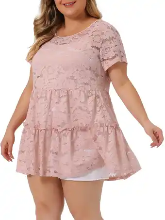 Walmart Unique Bargains Women's Plus Tunic Tiered Lace Round Neck Short Sleeve Peplum Tops 2X Pale Pink offer