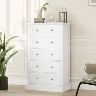 Walmart Homfa 5 Drawers Dresser, Modern Tall White Dresser for Bedroom Chest of Drawers with Round Metal offer