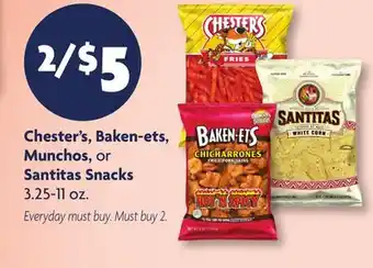 Family Dollar Chester's, Baken-ets, Munchos, or Santitas Snacks offer