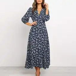 Walmart Spring hue Sundress Casual V Neck Mid Lenght Sleeve Floral Print Long Dress (Women's) offer