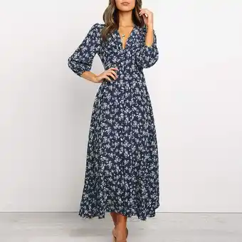 Walmart Spring hue Sundress Casual V Neck Mid Lenght Sleeve Floral Print Long Dress (Women's) offer
