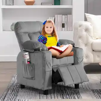 Walmart Wanan Kids Recliner Chair, Modern Velvet Lounge with Cup Holder, Footrest, Side Pockets, Gray offer