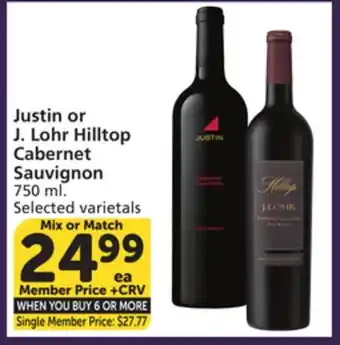 Albertsons Justin or J. Lohr Hilltop Cabernet Sauvignon offer