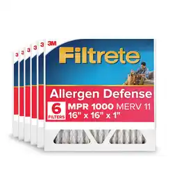 Walmart Filtrete 16x16x1 HVAC Furnace Air Filter, MPR 1000 MERV 11, Allergen Defense, 6 Pack offer