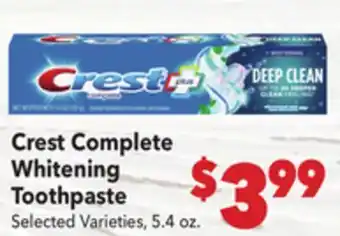 Vallarta Supermarkets Crest Complete Whitening Toothpaste offer