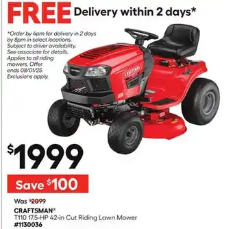 Lowe's CRAFTSMAN T110 17.5-HP 42-in Cut Riding Lawn Mower offer