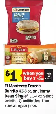 Meijer El Monterey Frozen Burrito 4.5-5 oz. or Jimmy Dean Single* 3.1-4 oz offer