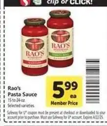Safeway Rao's Pasta Sauce offer