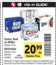 Safeway Coors, Bud or Miller offer