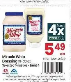 Albertsons Miracle Whip Dressing - 19-30 oz Selected Varieties offer