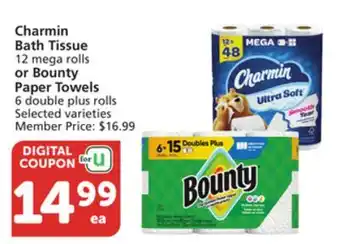 Vons Charmin Bath Tissue 12 mega rolls or Bounty Paper Towels 6 double plus rolls offer