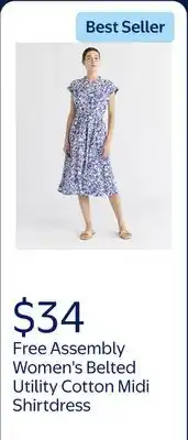 Walmart Free Assembly Women's Belted Utility Cotton Midi Shirtdress offer