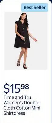 Walmart Time and Tru Women's Double Cloth Cotton Mini Shirtdress, Sizes XS-XXXL offer