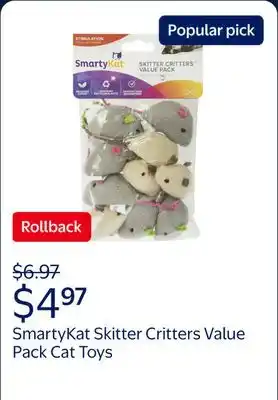 Walmart SmartyKat Skitter Critters Value Pack, Soft Plush Catnip Filled Mice Cat Toys offer