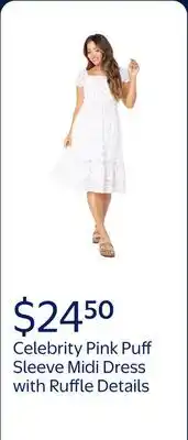 Walmart Celebrity Pink Puff Sleeve Midi Dress with Ruffle Details, Women's and Women's Plus offer